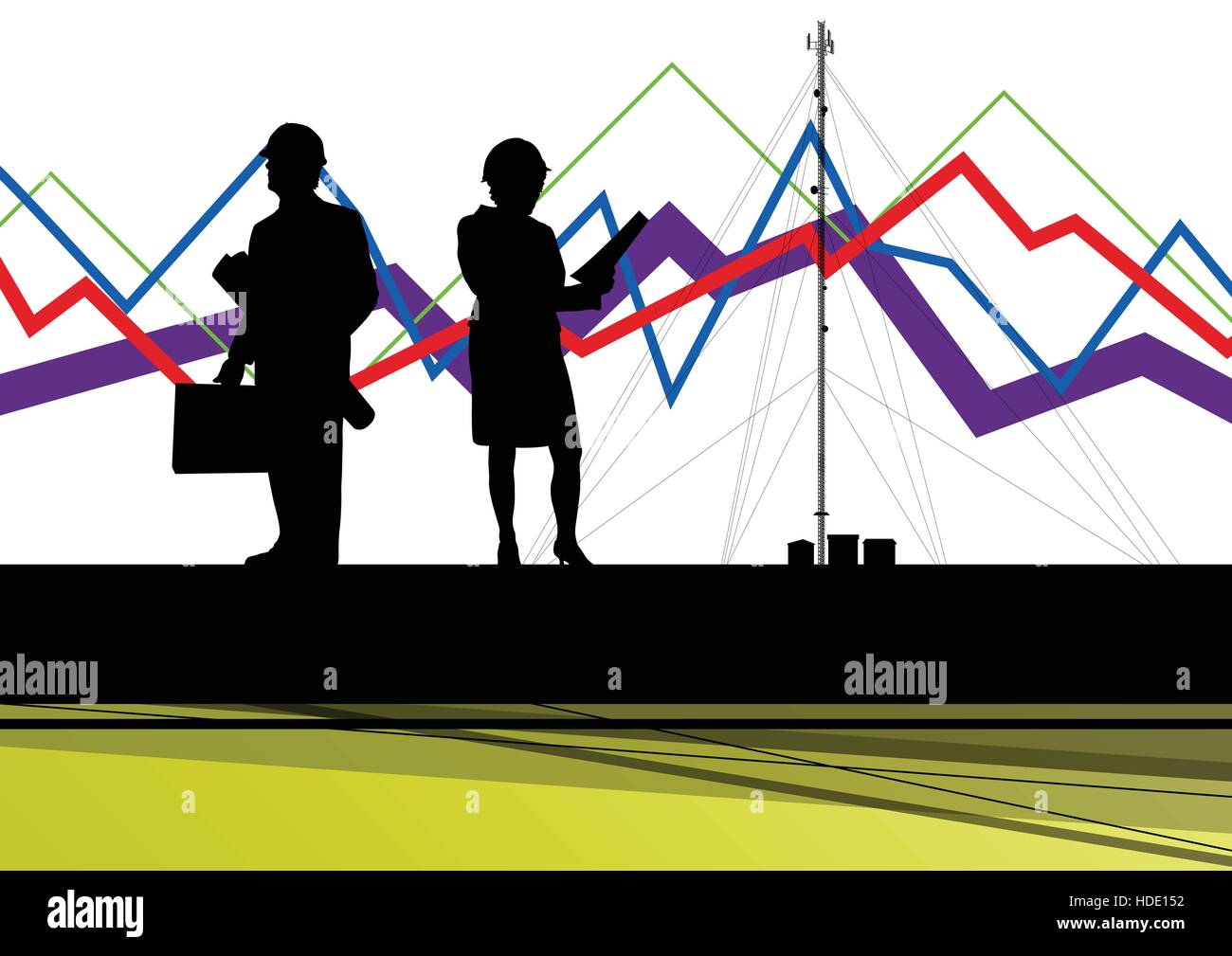 Wirtschaft Daten Diagramm und Ingenieure Silhouetten und Handy  Telekommunikation Radio Turm Basisstation mit abstrakten Hintergrund Vektor  Fittings Stock-Vektorgrafik - Alamy
