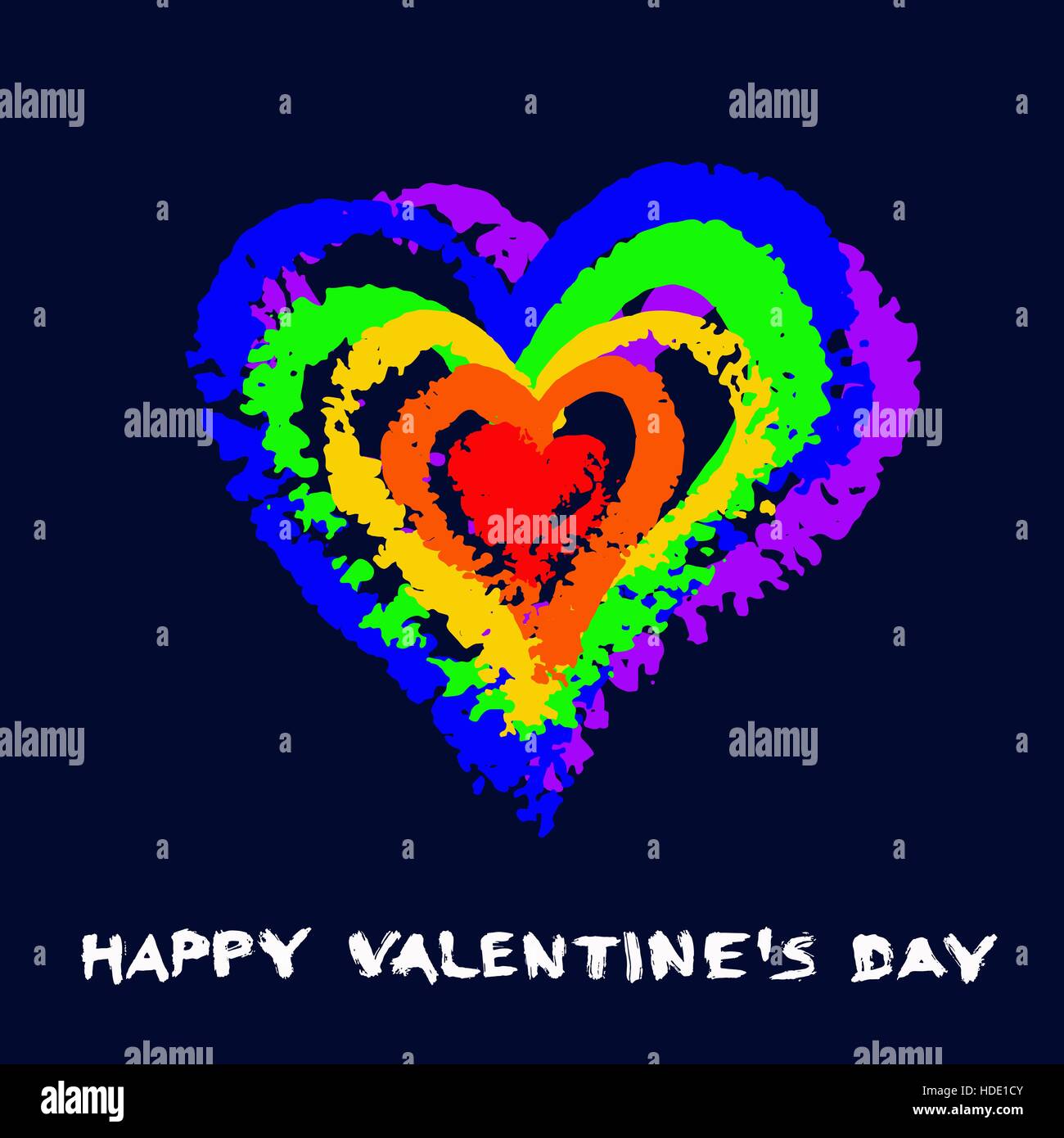 Gay-Grußkarte mit Regenbogen Herz. Handschriftliche Worte Happy Valentines Day. Bemalte Design-Elemente. Grunge verzweifelt Textur. Lebendige bunte br Stock Vektor