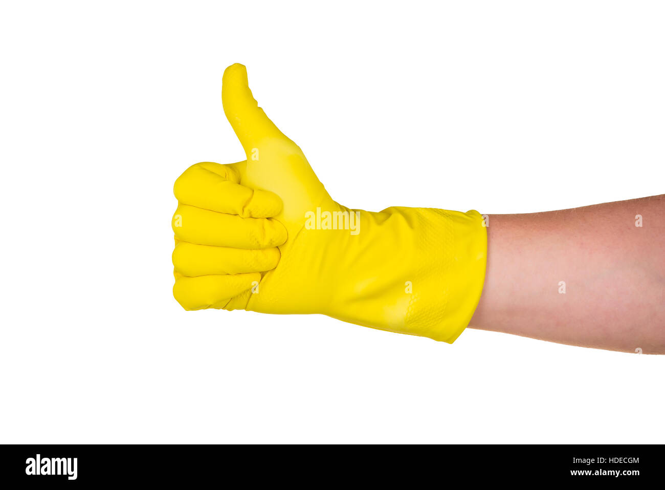 die Hand des Mannes in einen Gummihandschuh zeigt Geste ok isoliert Stockfoto