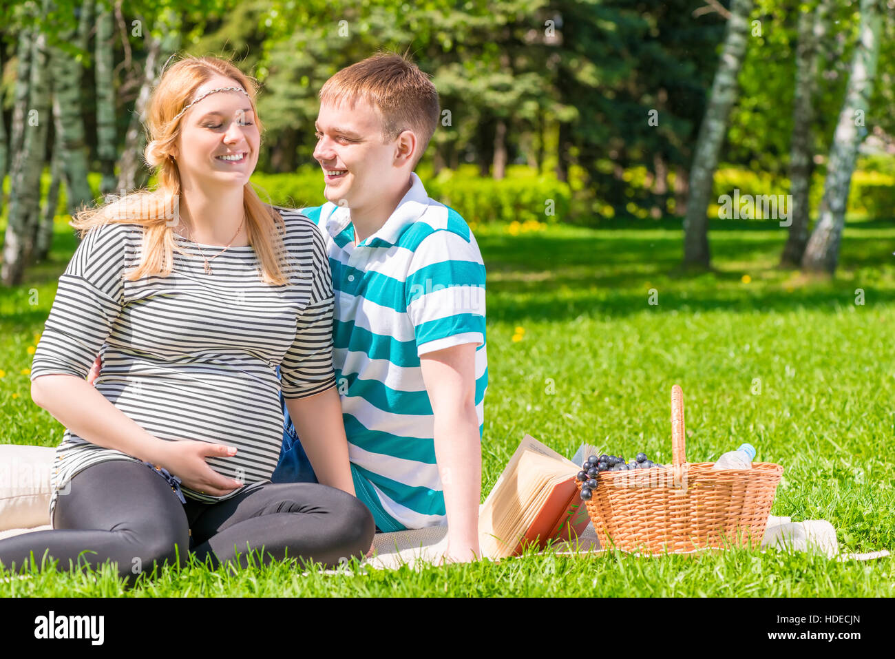 Europäische Familie bei einem Picknick im Park, ist Frau schwanger Stockfoto