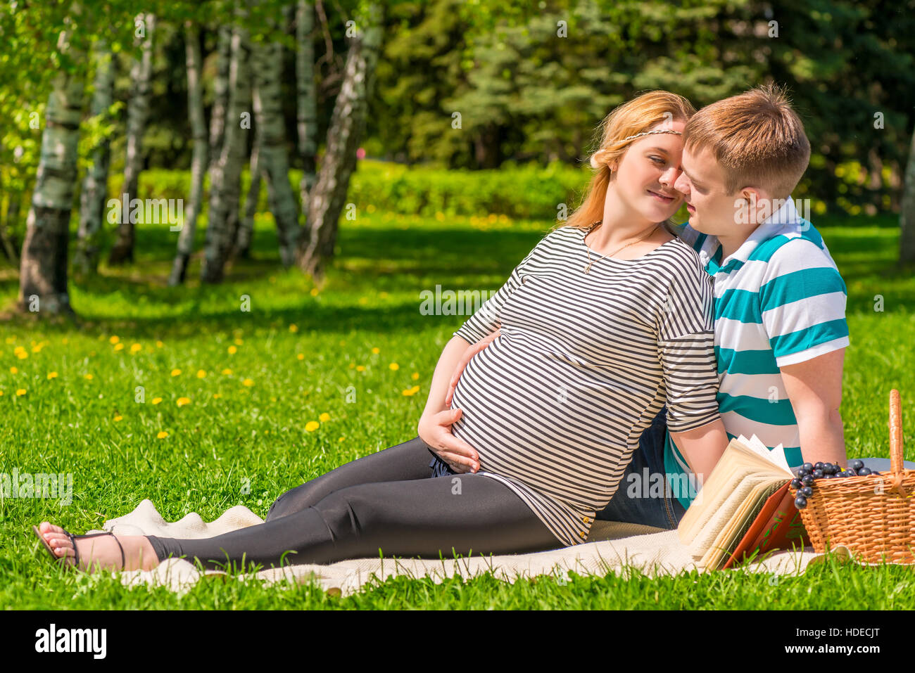 Menschen, die einander lieben warten auf ein Baby, ein Picknick im Sommerpark Stockfoto