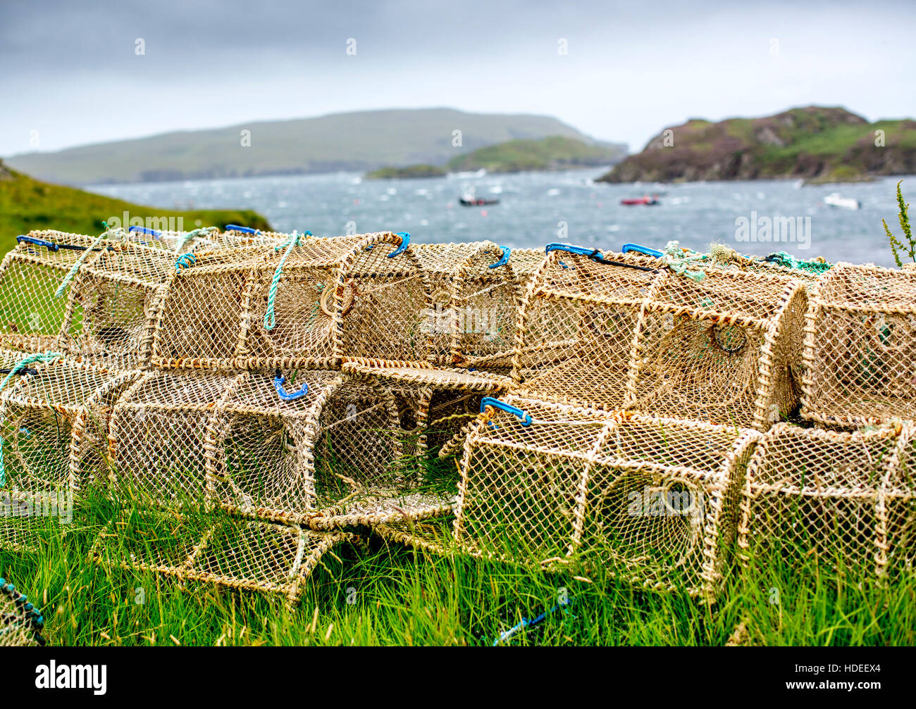 Hummer-Töpfe Tarbet Hafen in Sutherland, Schottland Stockfoto