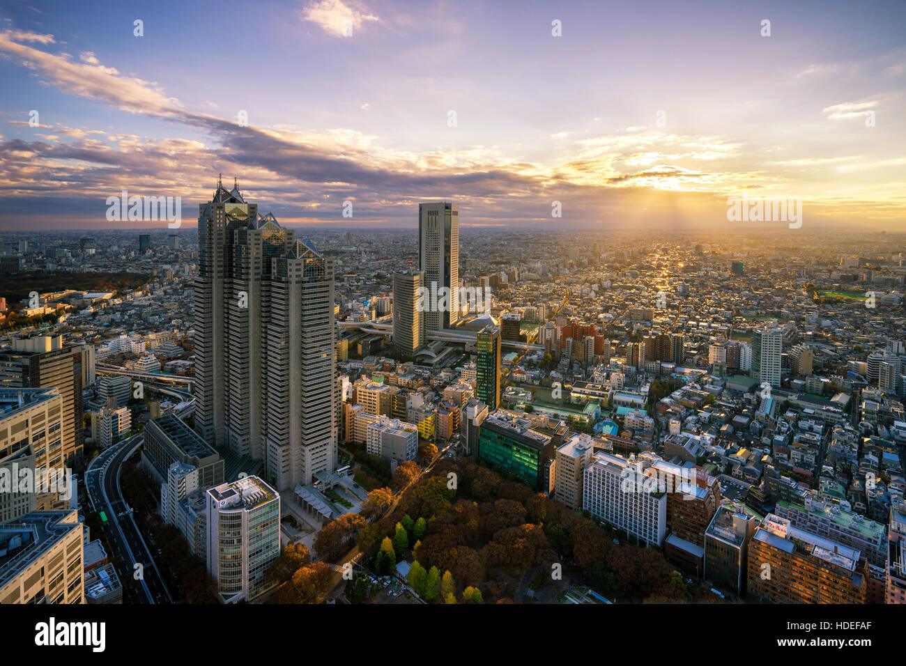 Luftaufnahme von Tokio city,Japan.Cityscape mit Sonnenuntergang Himmel in Tokio. Stockfoto