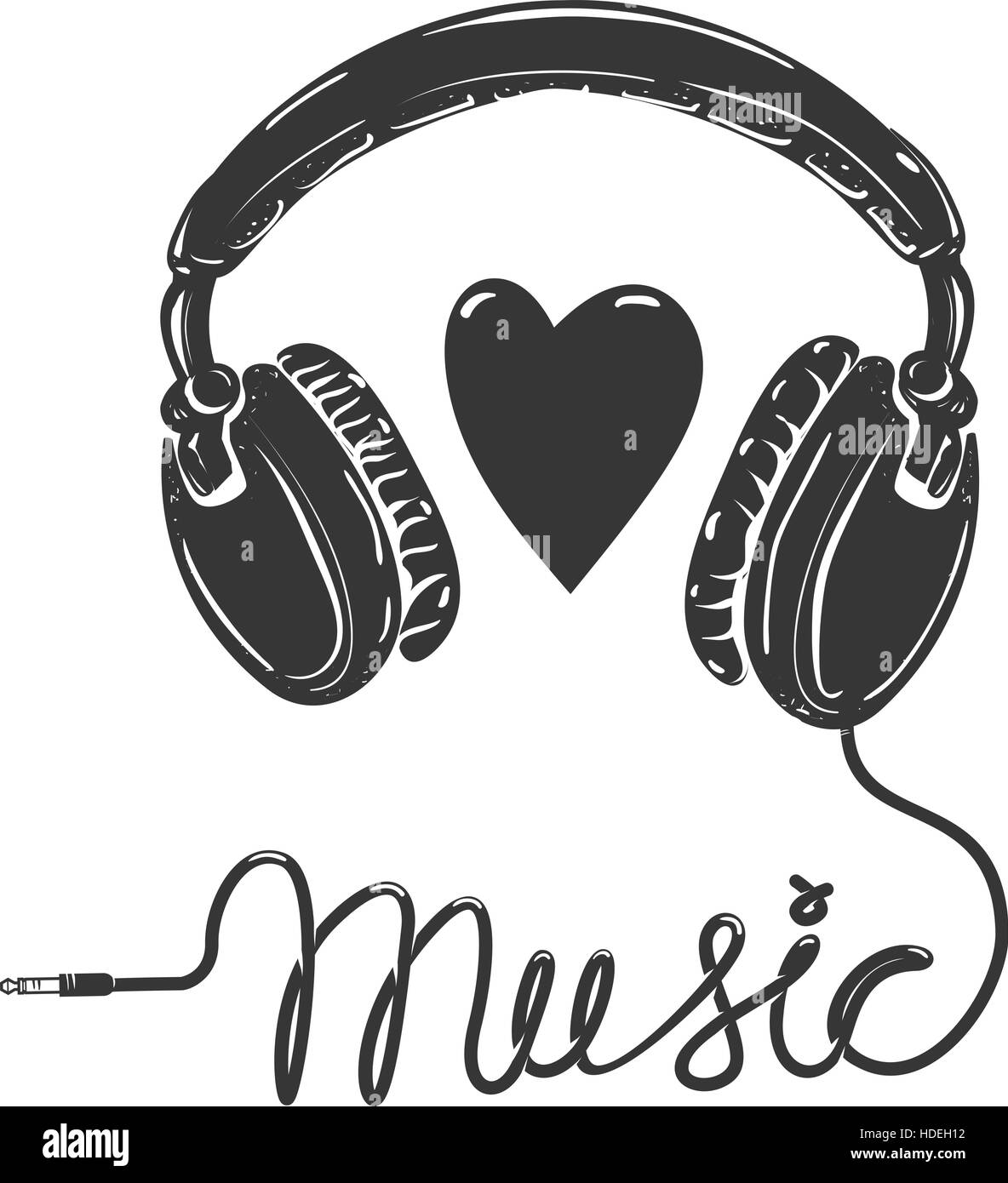 Ich liebe Musik. Kopfhörer mit Text isoliert auf weißem Hintergrund