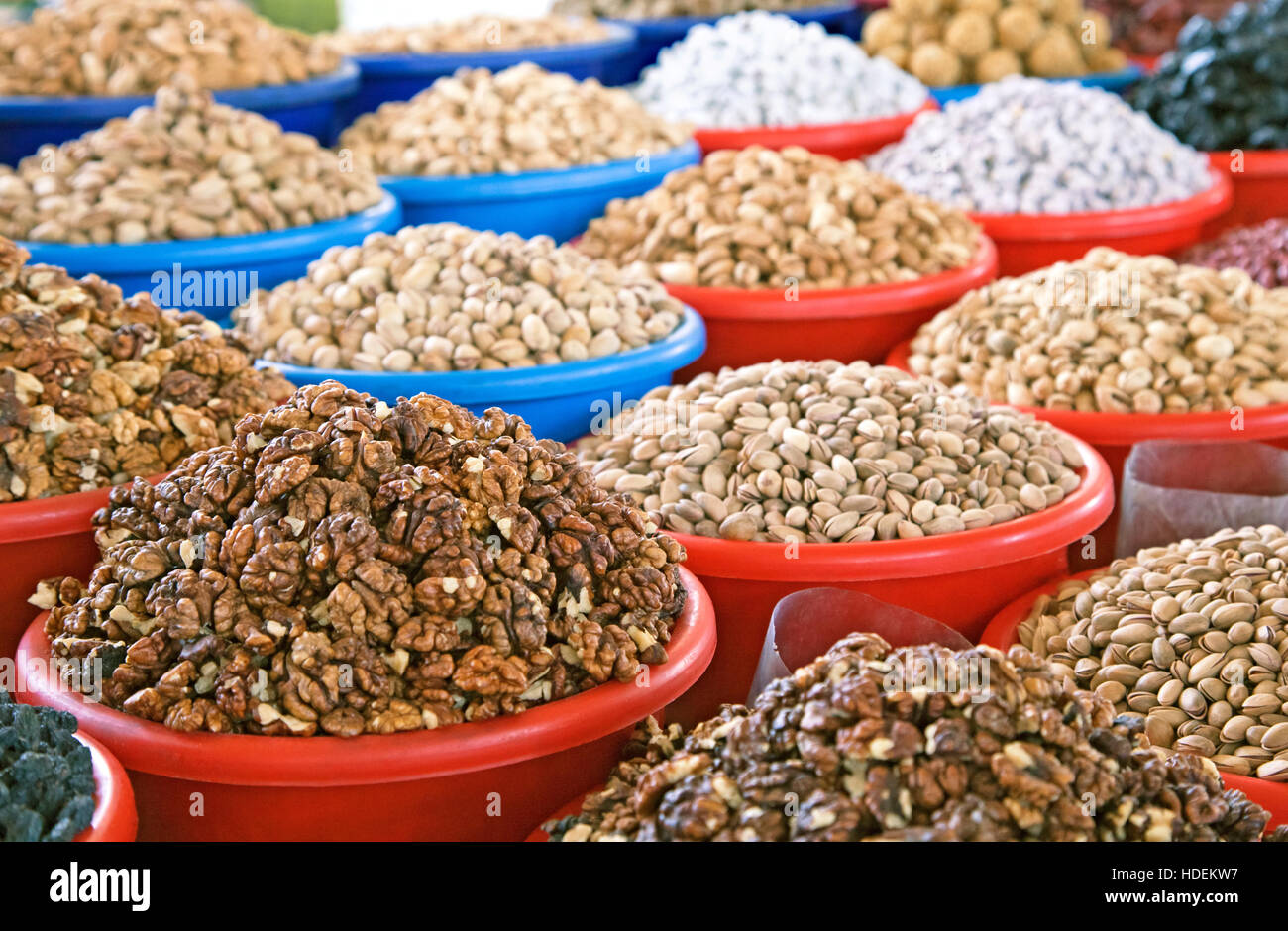 Getrockneten Früchten und Nüssen auf einem Markt in Buchara, Usbekistan Stockfoto