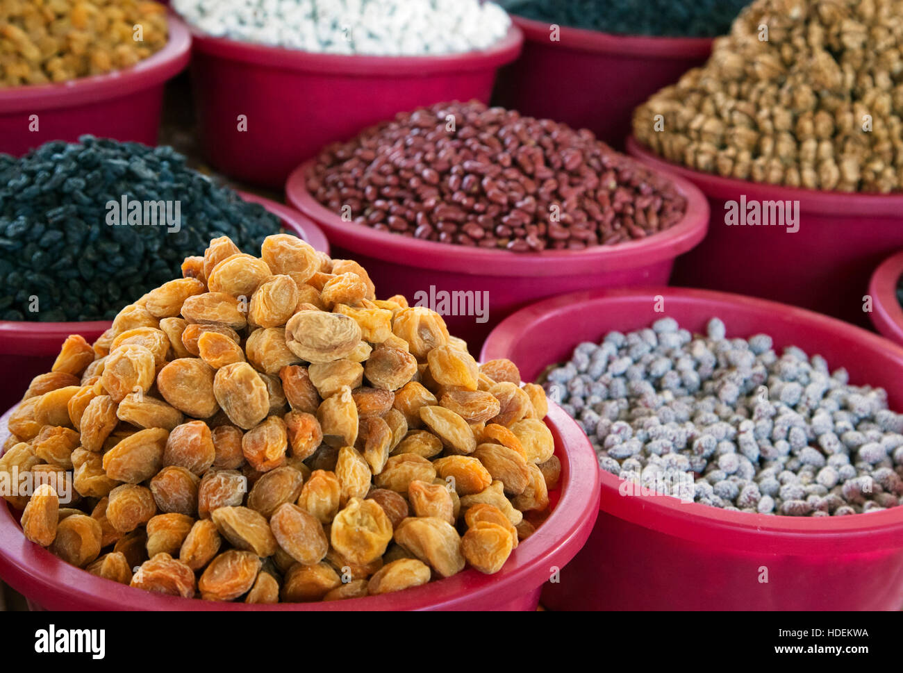 Getrockneten Früchten und Nüssen auf einem Markt in Buchara, Usbekistan Stockfoto