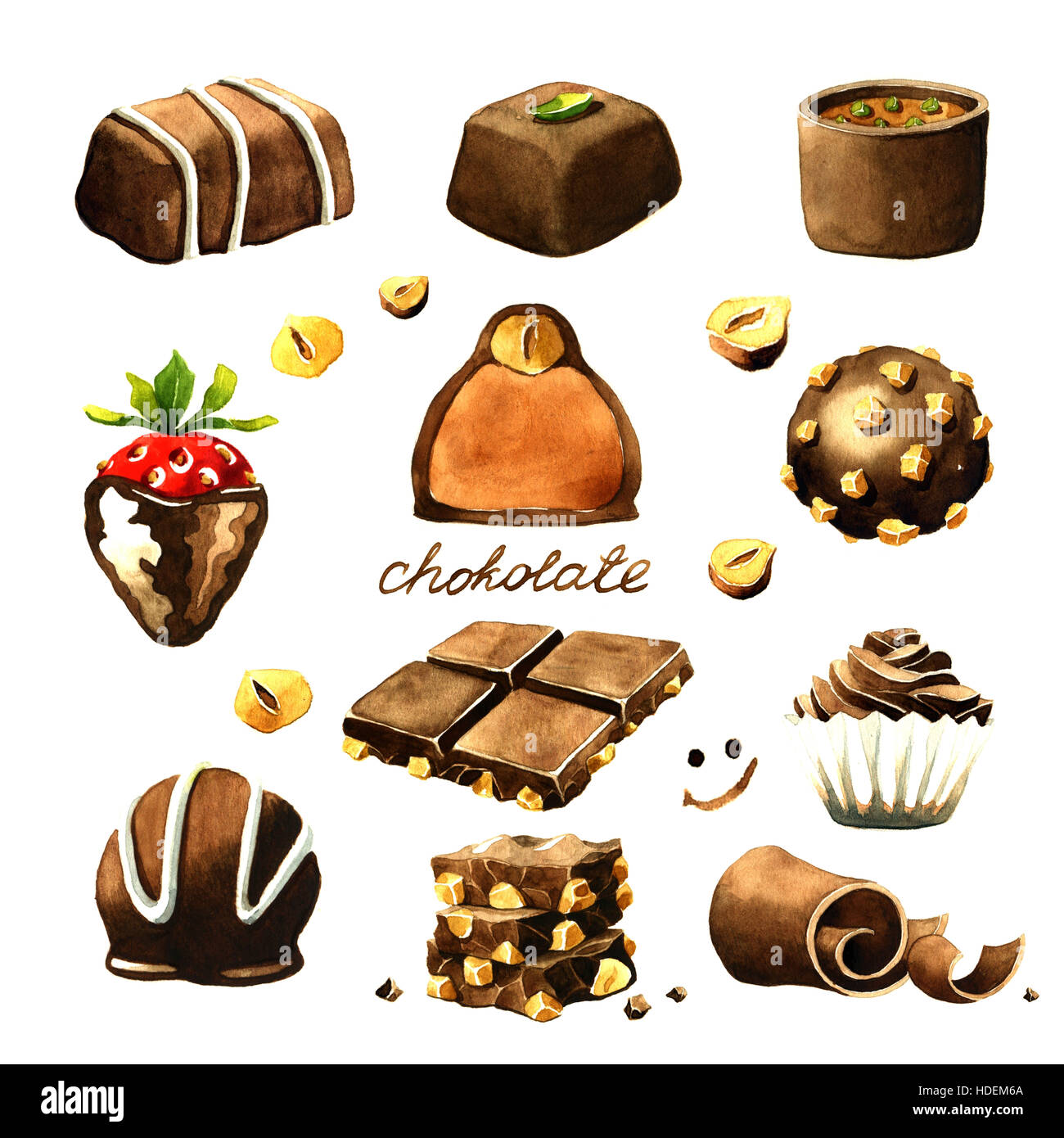 Schokolade Aquarell Clipart. Isoliert auf weißem Hintergrund Stockfoto