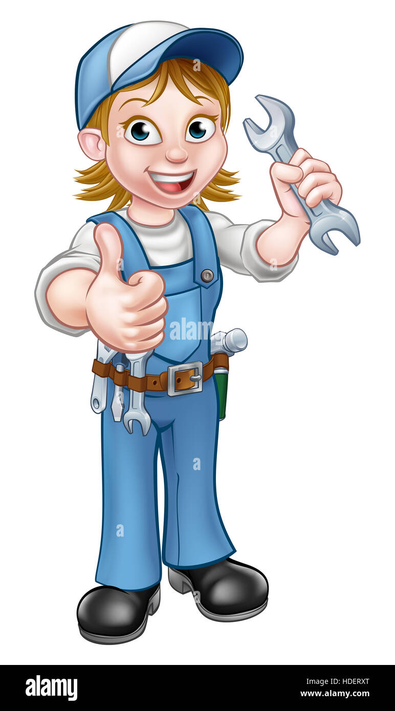 Ein Klempner oder Mechaniker Handwerker Cartoon-Figur hält einen Schraubenschlüssel und geben einen Daumen nach oben Stockfoto