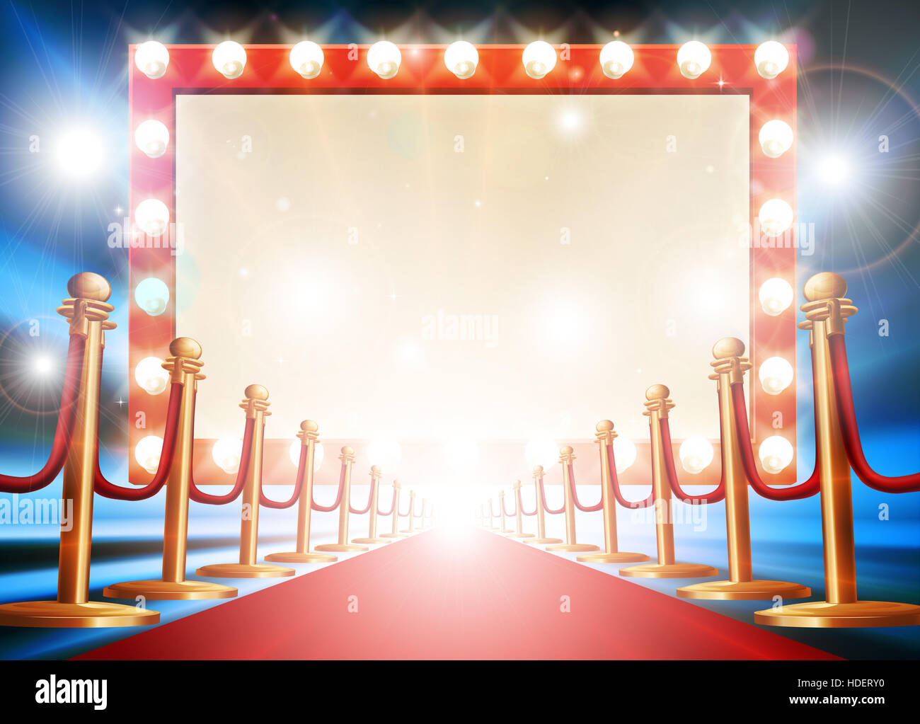 Roten Teppich Hintergrund mit Theater oder Kino Stil Glühbirne Zeichen Stockfoto