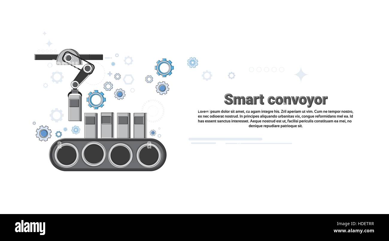 Intelligente Fördertechnik Industrieautomation Industrie Produktion Web Banner dünne Linie Vektor-Illustration Stock Vektor
