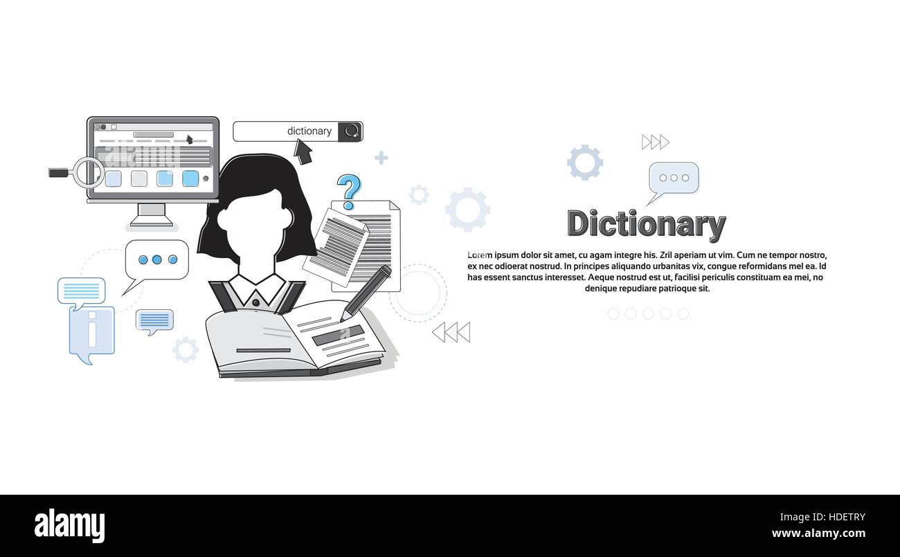 Wörterbuch Wortschatz Technologie Translation Tool Web Banner Vektor-Illustration Stock Vektor