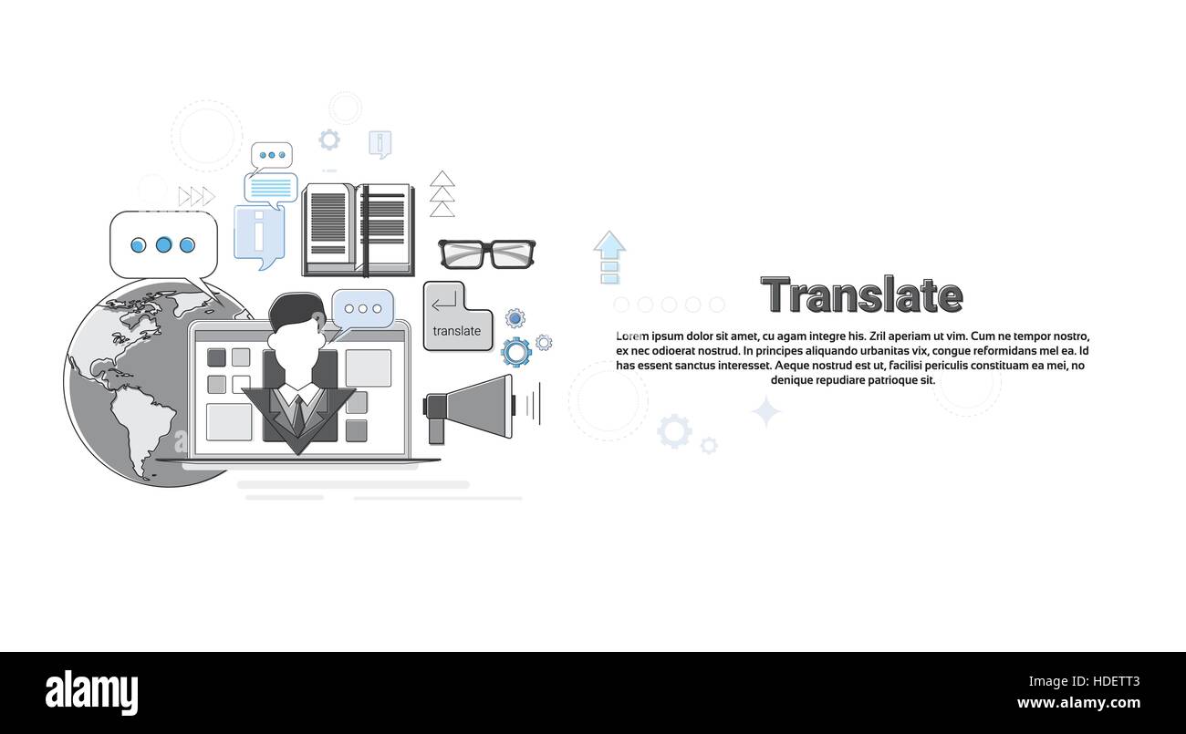 Übersetzen Sie Wörterbuch Wortschatz Technologie Translation Tool Web Banner Vektor-Illustration Stock Vektor