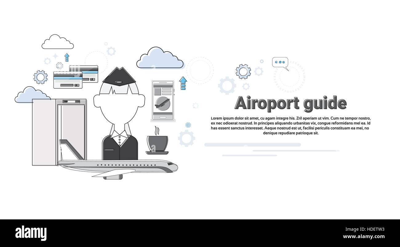 Flughafen Guide Flugzeug Transport Luft Tourismus Web Banner Vektor-Illustration Stock Vektor