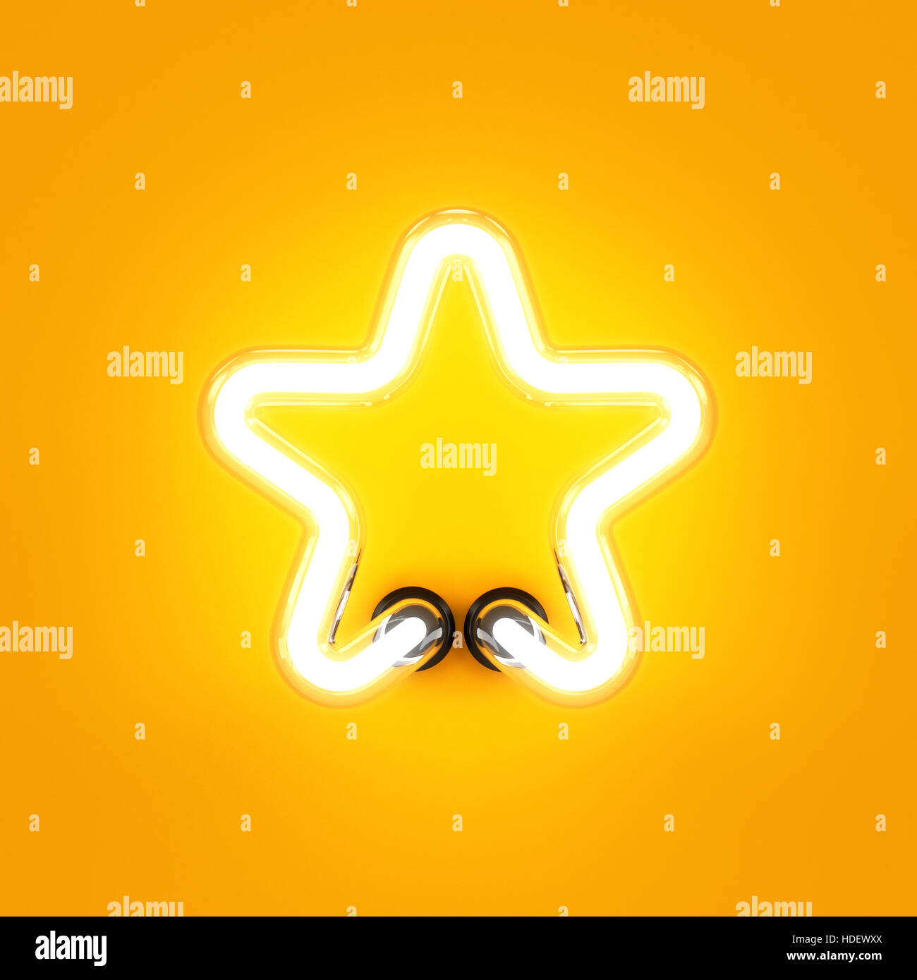 Neonlicht Alphabet Sterne Schriftart. Neon Röhre Brief Leuchteffekt auf orangem Hintergrund. 3D-Rendering Stockfoto