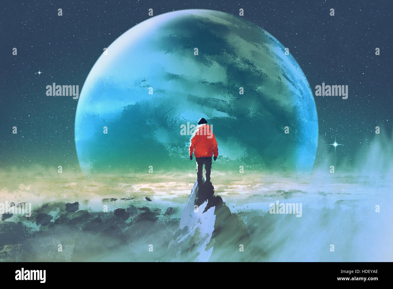 Mann auf Berg Blick auf einem anderen Planeten, Illustration, Malerei Stockfoto