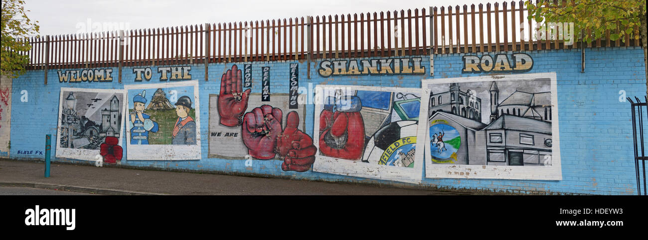 Willkommen in der Shankill Road Panorama - International Friedensmauer Cupar Weg, West Belfast, Nordirland, Vereinigtes Königreich Stockfoto
