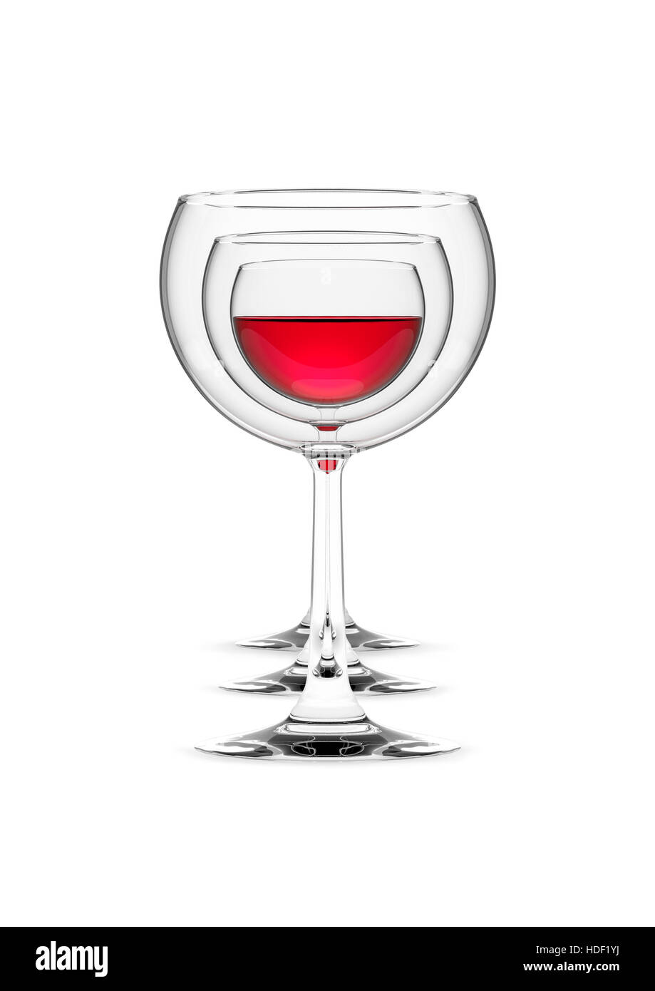Weingläser Zeile / 3D-Illustration Weingläser perfekt ausgerichtet zeigt rot Wein Stockfoto