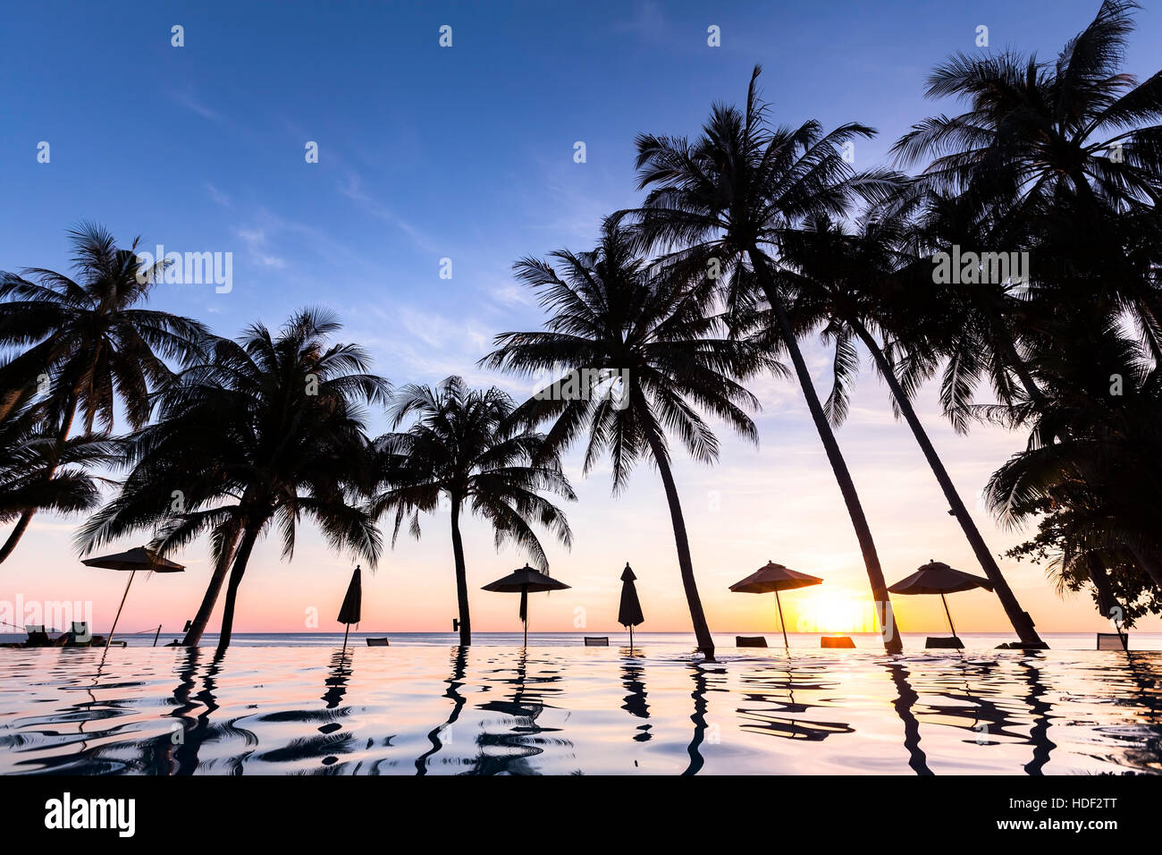 Palmen und Infinity-Pool in einem luxuriösen tropischen Strand Hotelresort, Sonnenuntergang Stockfoto
