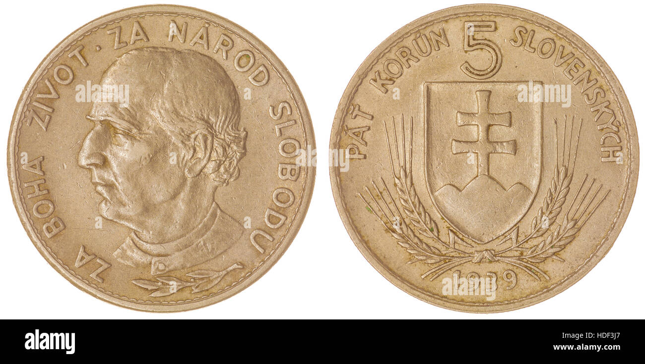 Nickel-5 Korun 1939 Münze isoliert auf weißem Hintergrund, Slowakei Stockfoto