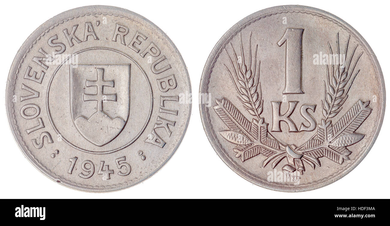 Kupfer-Nickel 1 Krone 1945 Münze isoliert auf weißem Hintergrund, Slowakei Stockfoto