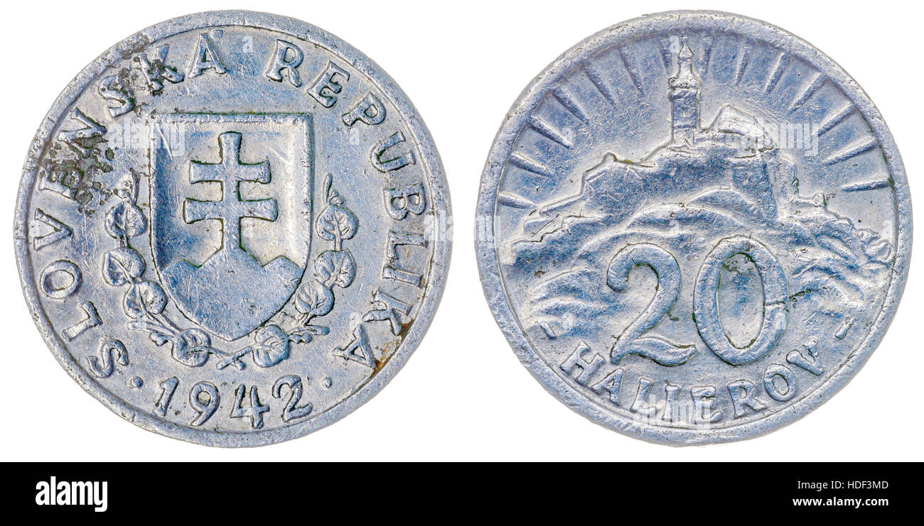 Aluminium 5 Halierov 1942 Münze isoliert auf weißem Hintergrund, Slowakei Stockfoto
