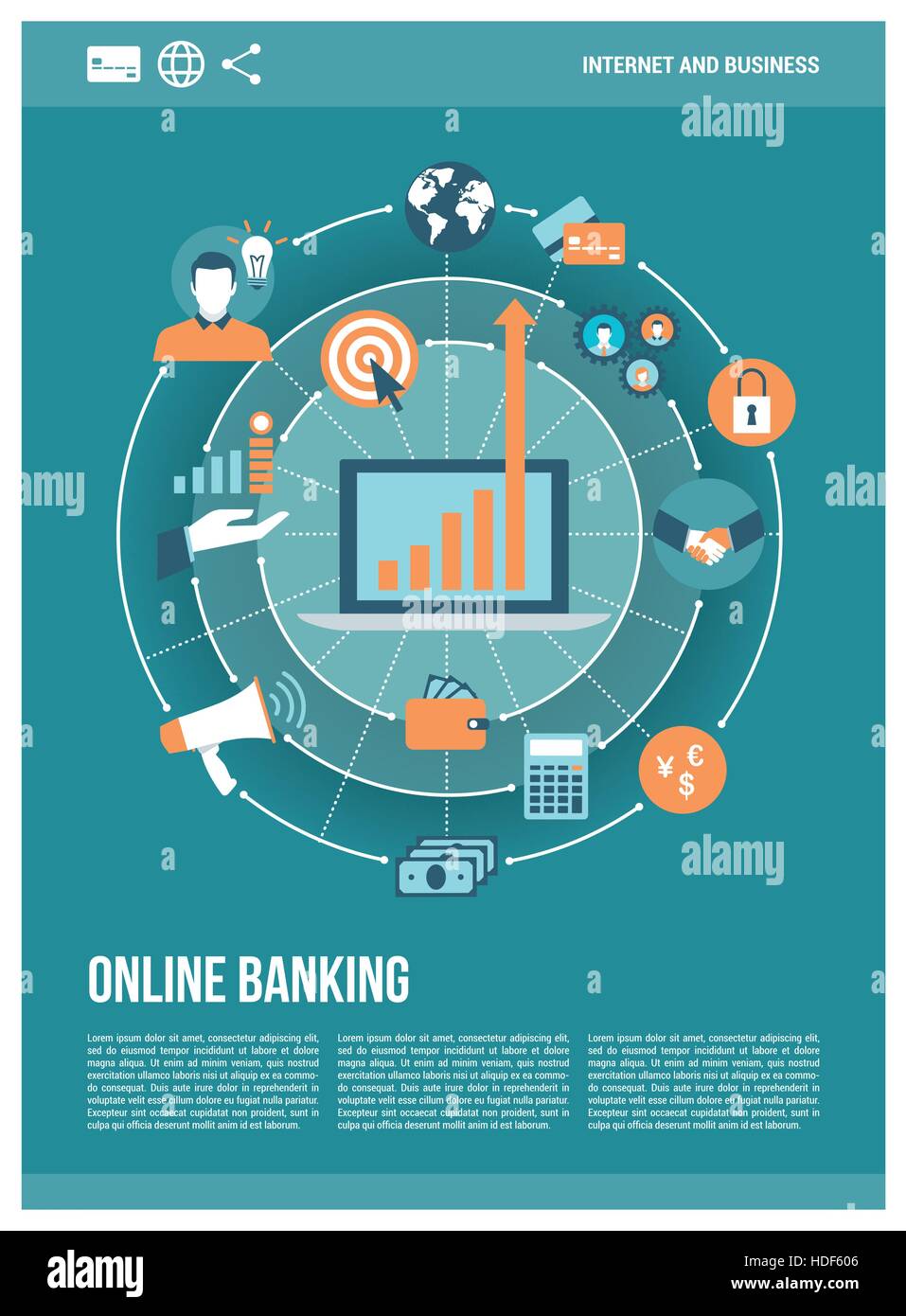 Business, marketing, Finanzen und verdienen Konzepte in einem Netzwerk mit Laptop im Center, Plakatentwurf Stock Vektor
