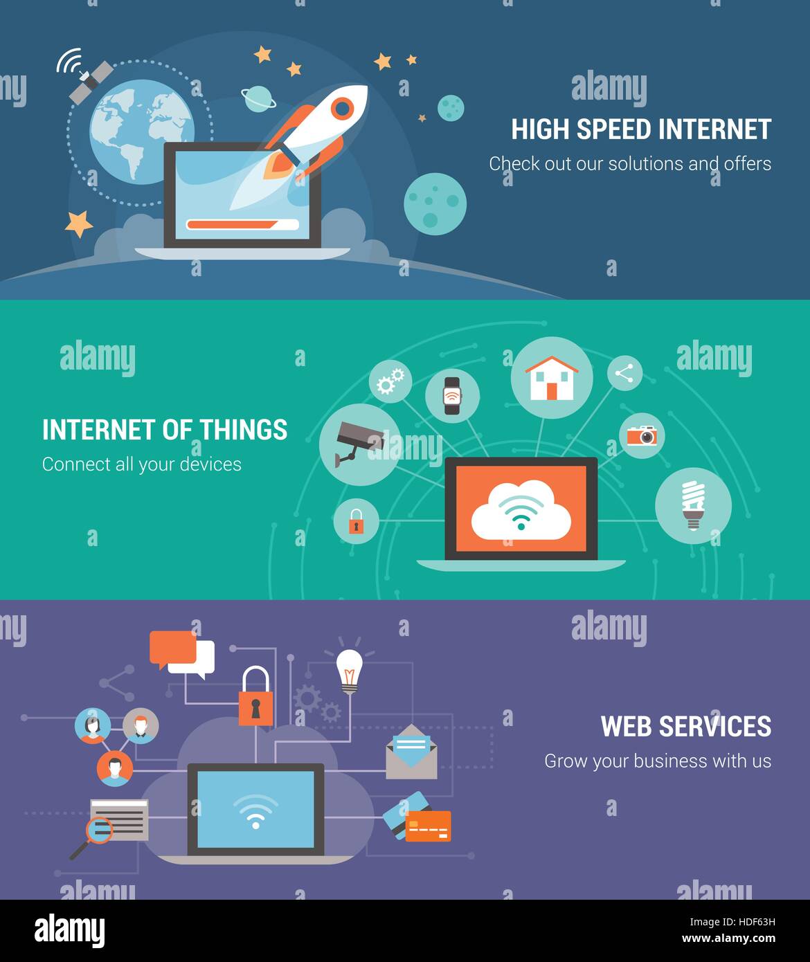 Internet der Dinge, Verbindungen, Netzwerken und Web Service Banner ser Stock Vektor