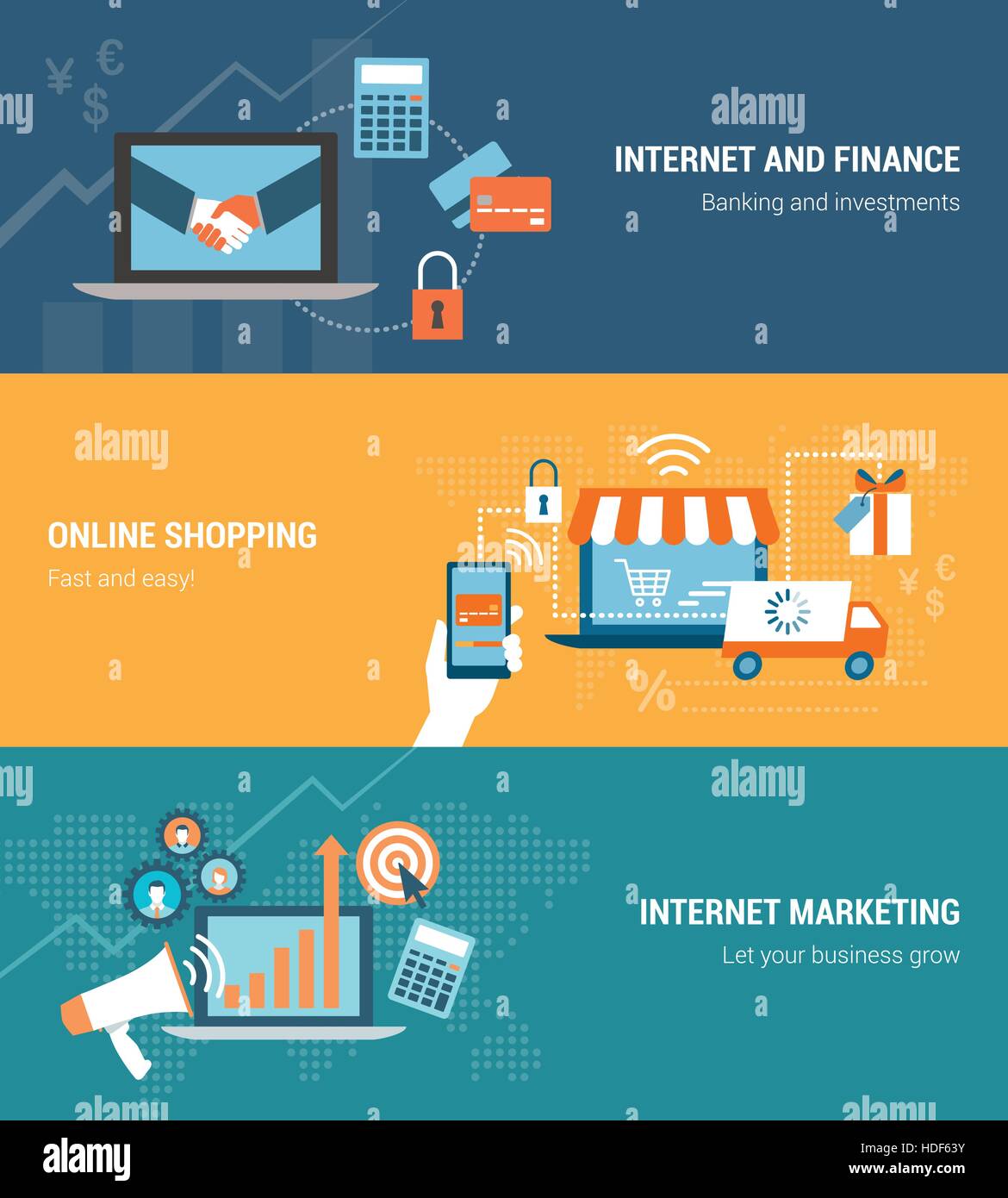 Banken, Handel, Online-shopping und Internet-marketing Banner-set Stock Vektor