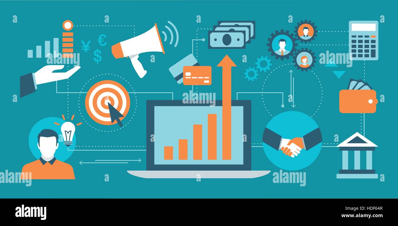 Business, Marketing und Finanzen Konzepte in einem Netzwerk mit Laptop im center Stock Vektor