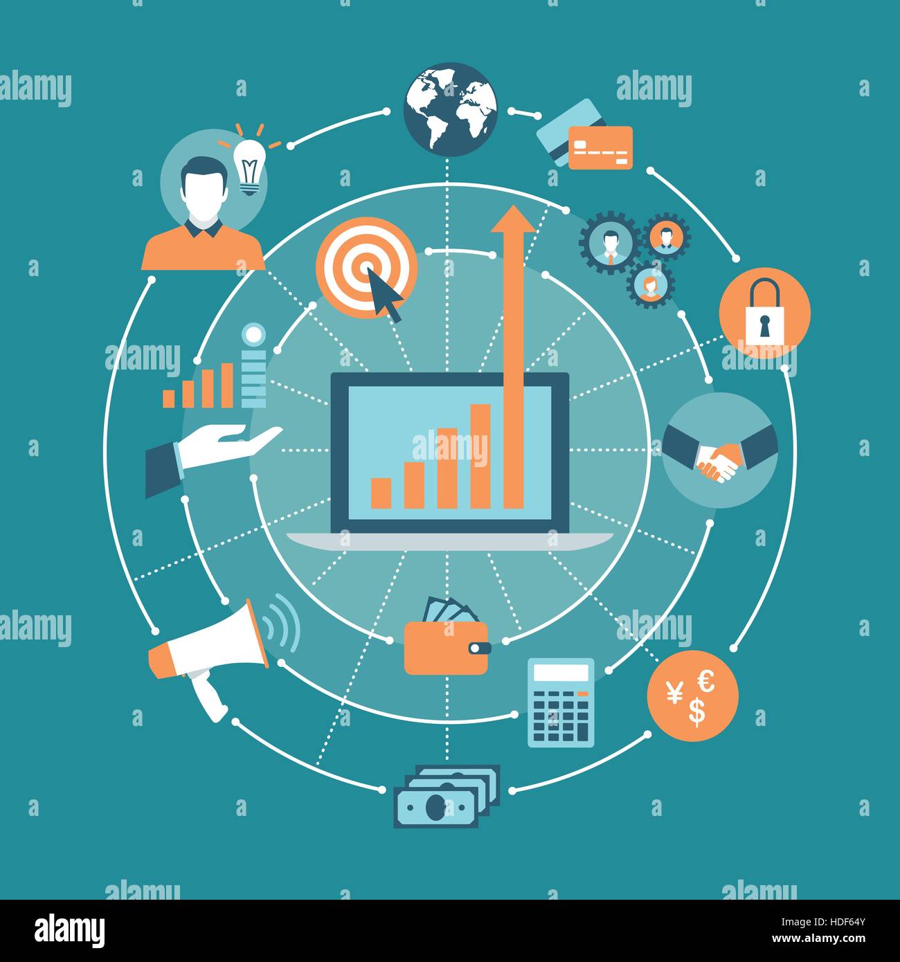 Business, Marketing und Finanzen Konzepte in einem Netzwerk mit Laptop im center Stock Vektor