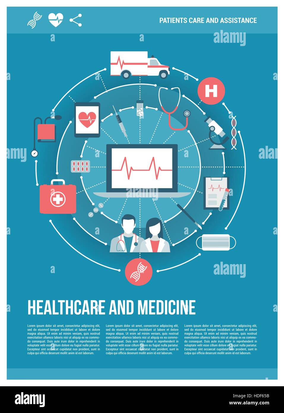 Gesundheitswesen, Ärzte, Krankenhaus und Notfallkonzepte in einem Netzwerk mit Laptop im Center, Plakatentwurf Stock Vektor