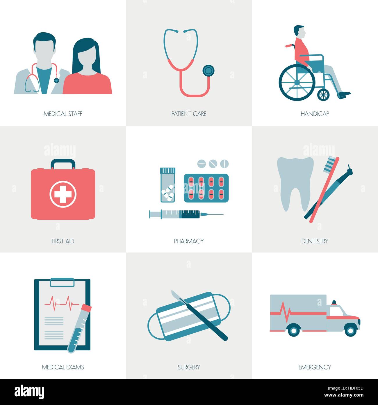 Medizin, Gesundheitswesen, Patienten und Ärzte Icons set Stock Vektor