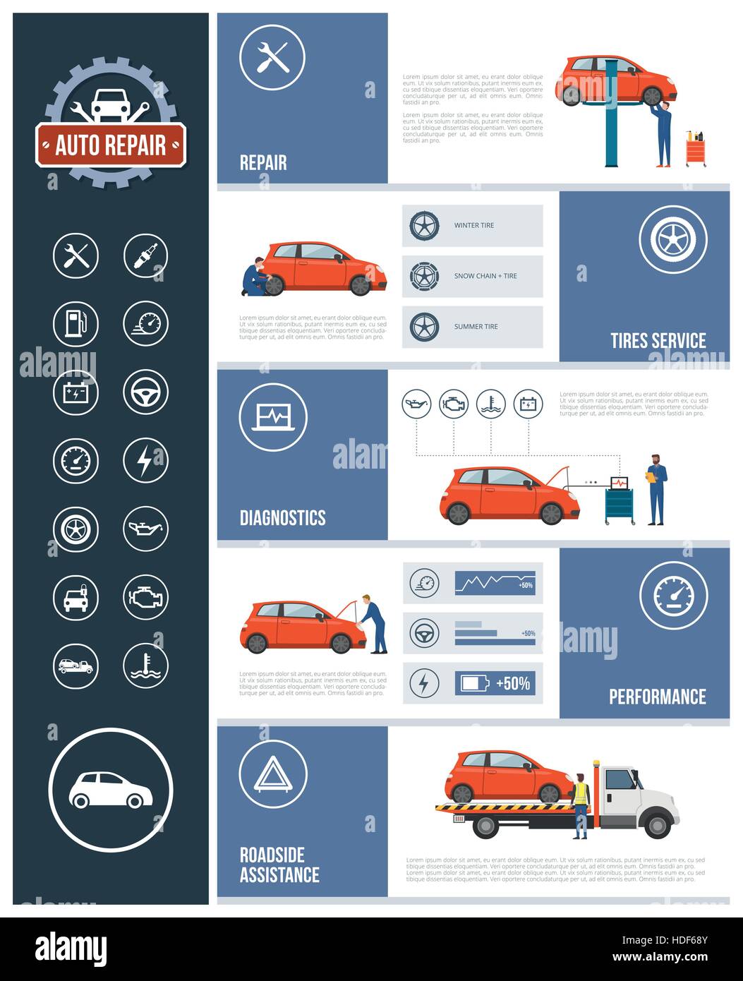 Auto-Reparatur-Service-Infografik mit Mechanik arbeiten am Auto, Text und Icons Set: Reparatur, Reifen, Diagnostik, Leistung, Pannenhilfe Stock Vektor
