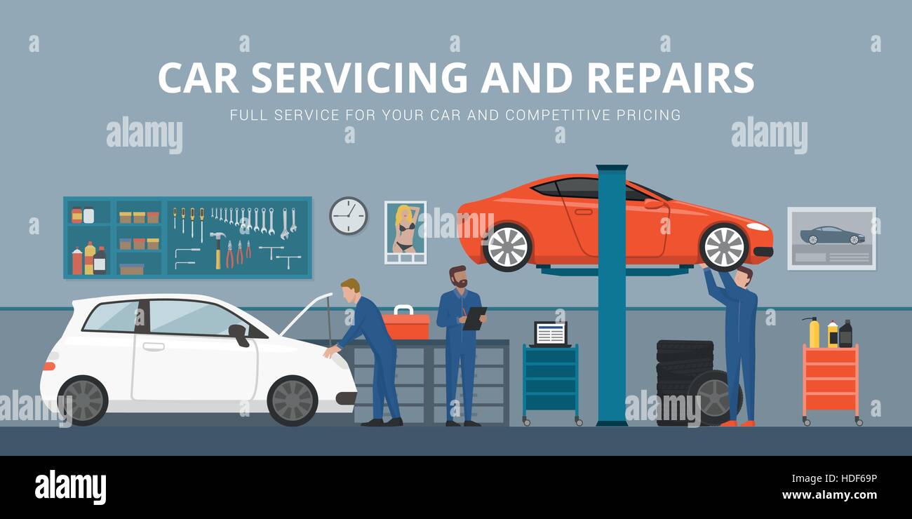 Auto Reparatur Shop Interieur mit Mechanik arbeiten und Festsetzung Autos, professionellen Service-Konzept Stock Vektor