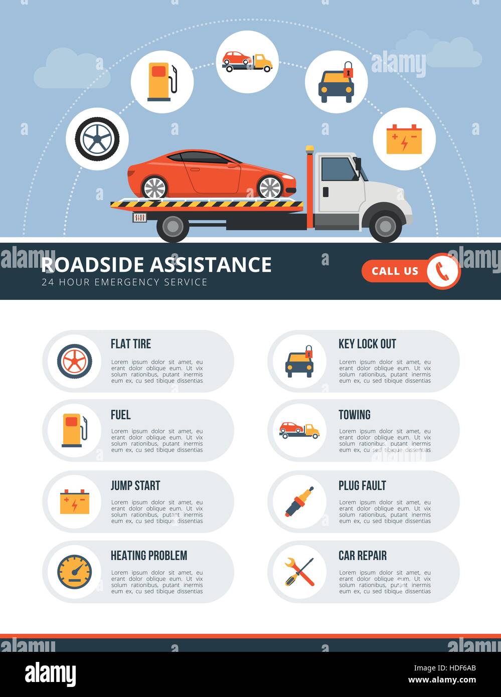 Pannenhilfe-Infografik mit Abschleppwagen, Auto und eine Liste der Dienste Stock Vektor