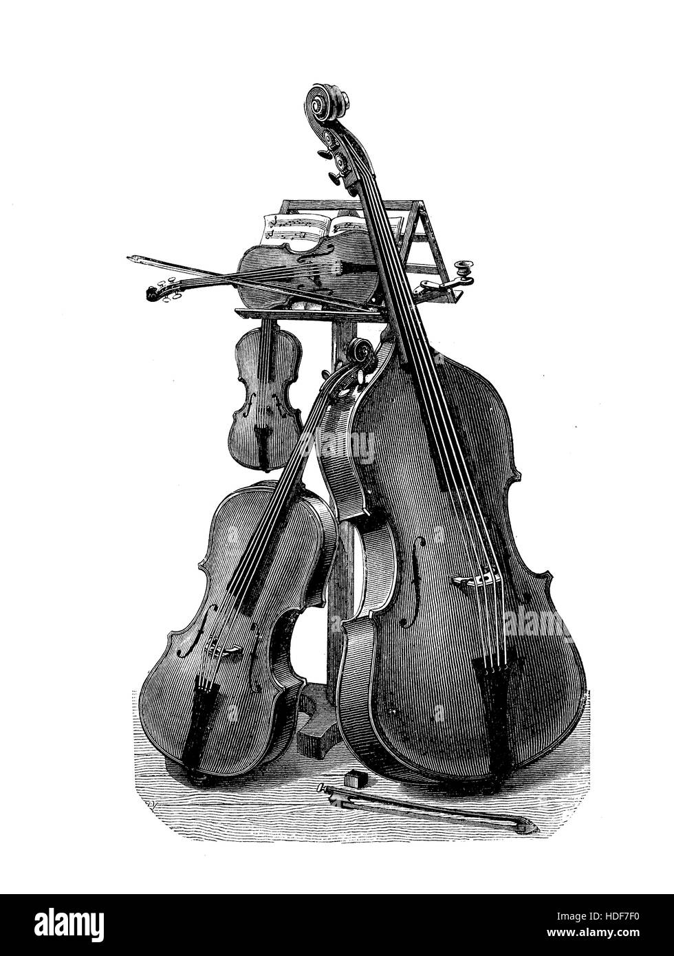Musik, Streichquartett Instrumente bereit für die Leistung, schöne Vintage Gravur Stockfoto