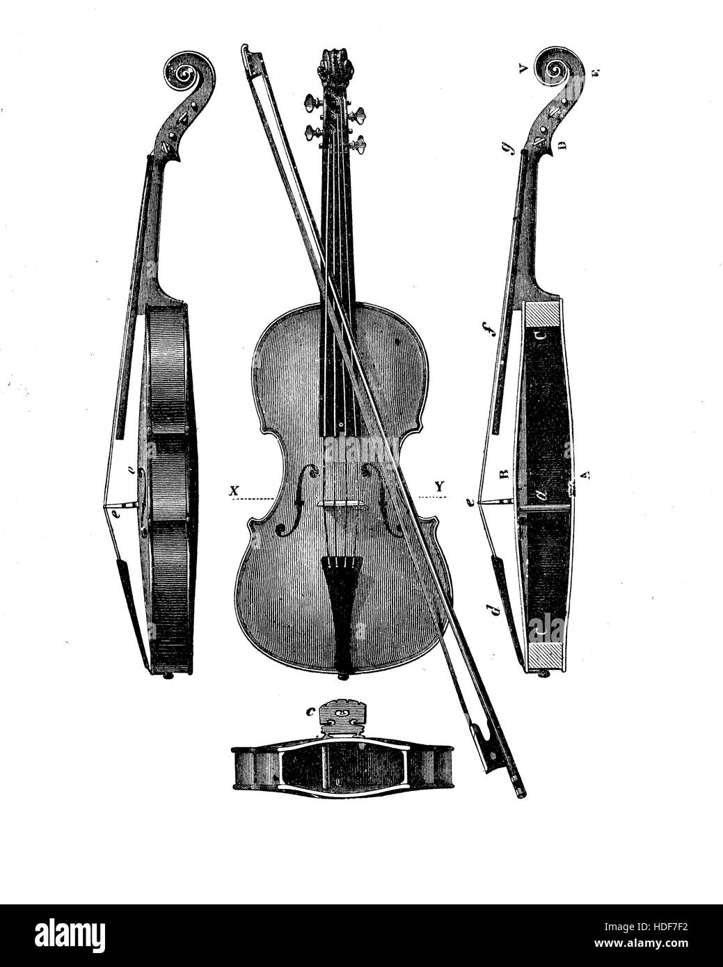 Jahrgang, Gravur, beschreibt das Konstruktionsdetail einer Violine aus unterschiedlichen Perspektiven Stockfoto