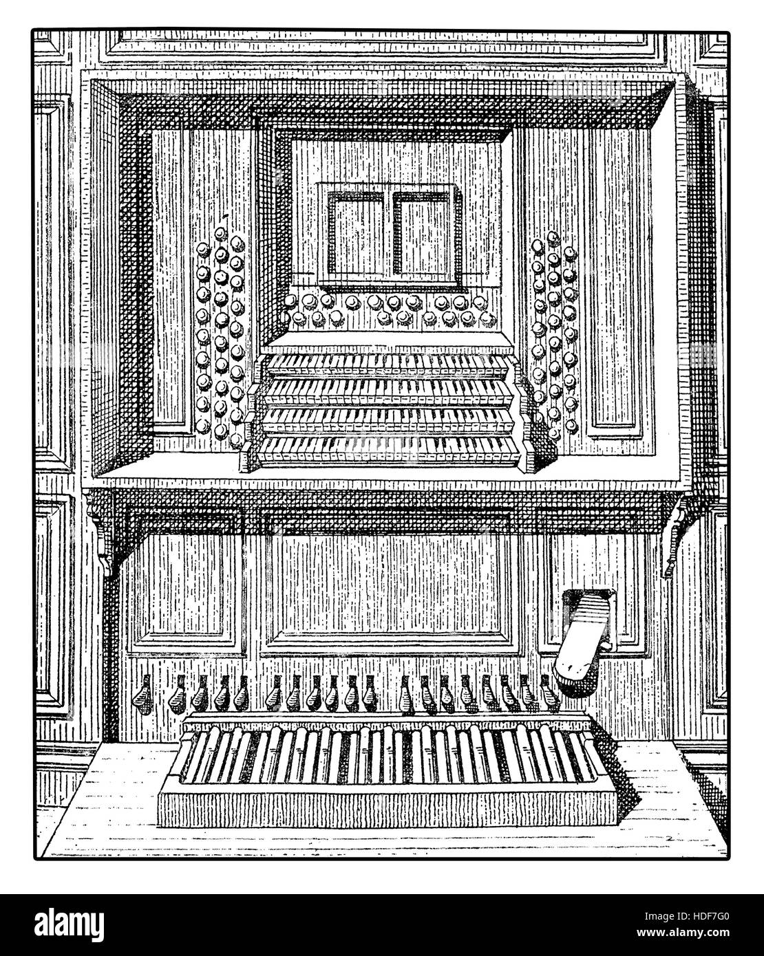 Darstellung einer hölzernen Pfeifenorgel Konsole mit vielen Tastaturen, registriert und Pedale, XIX Jahrhundert Gravur Stockfoto