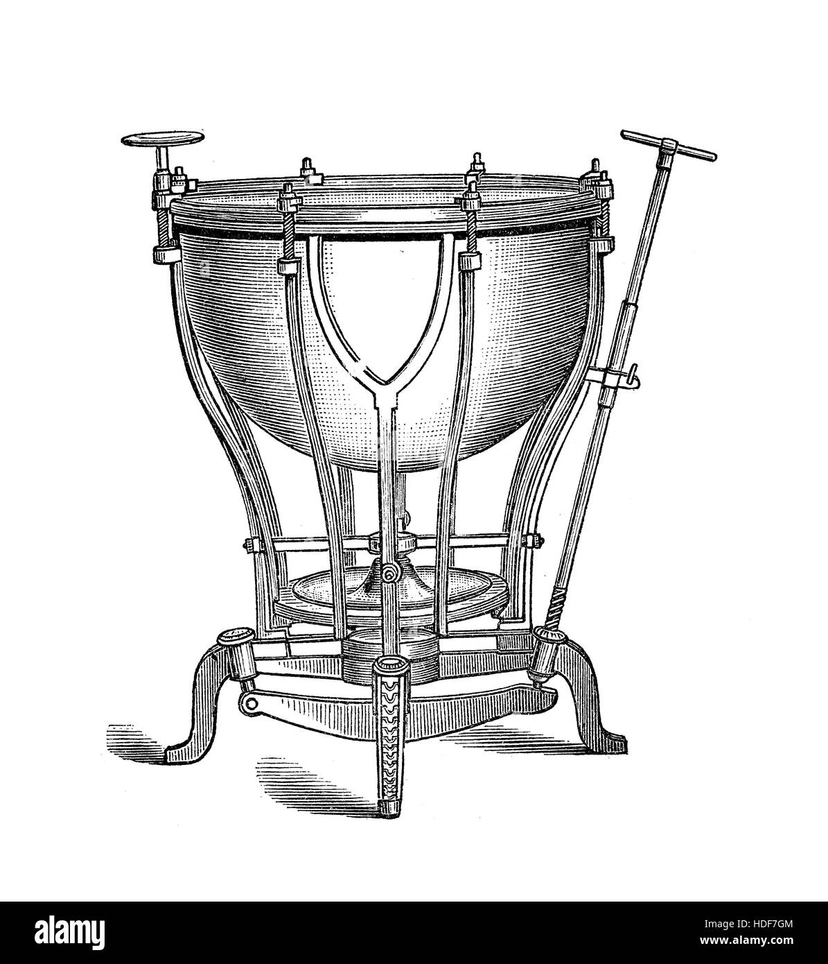 Maschine Pauken Musikinstrument mit mechanischen Spannung Anpassung Systems, XIX Jahrhundert Gravur Stockfoto