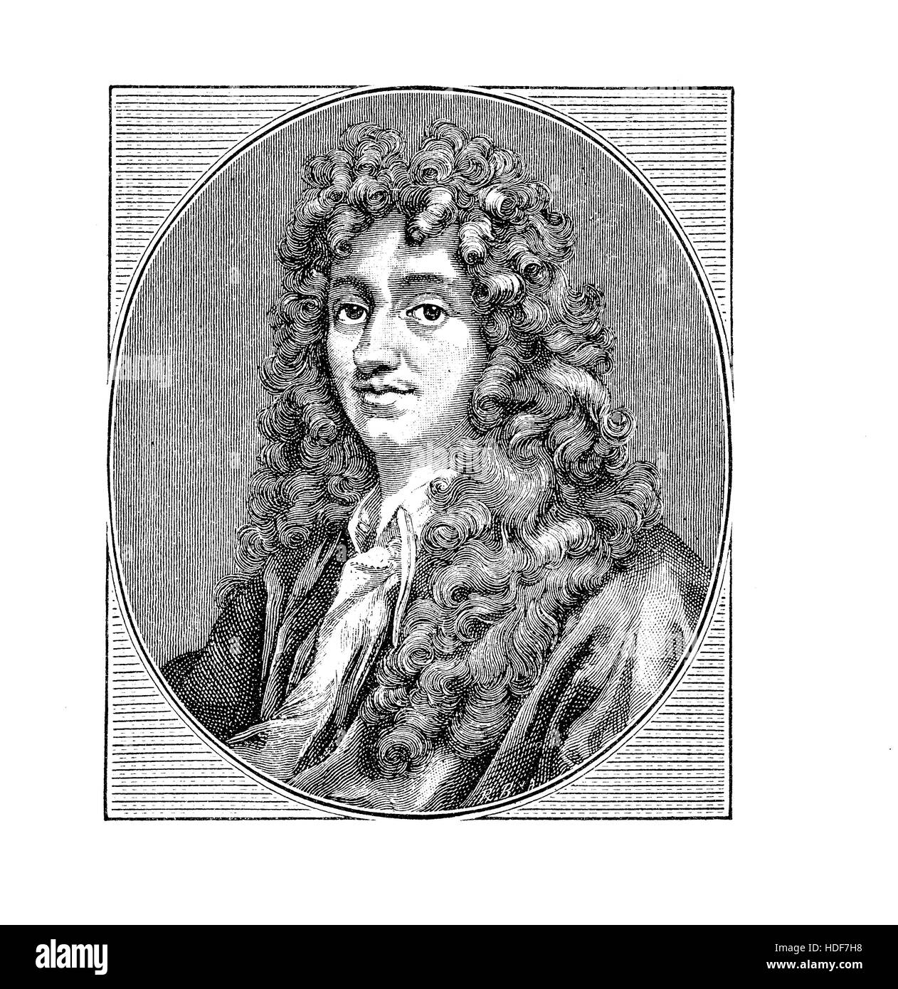 Christiaan Huygens (14. April 1629 – 8. Juli 1695) niederländischer Mathematiker, Astronom, Physiker, Probabilist und Uhrmacherei. Er erfand die Pendeluhr Stockfoto