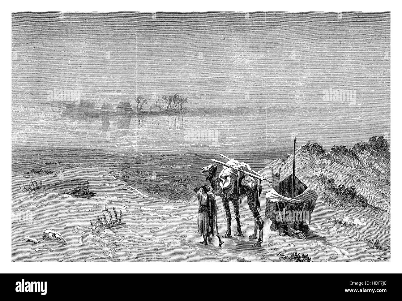 Beschreibung der ein optisches Phänomen der Fata Morgana in der Wüste, kommt es durch thermische Inversion warmer Luft auf kältere Luft mit weit entfernten Objekten als Fata Morgana Stockfoto