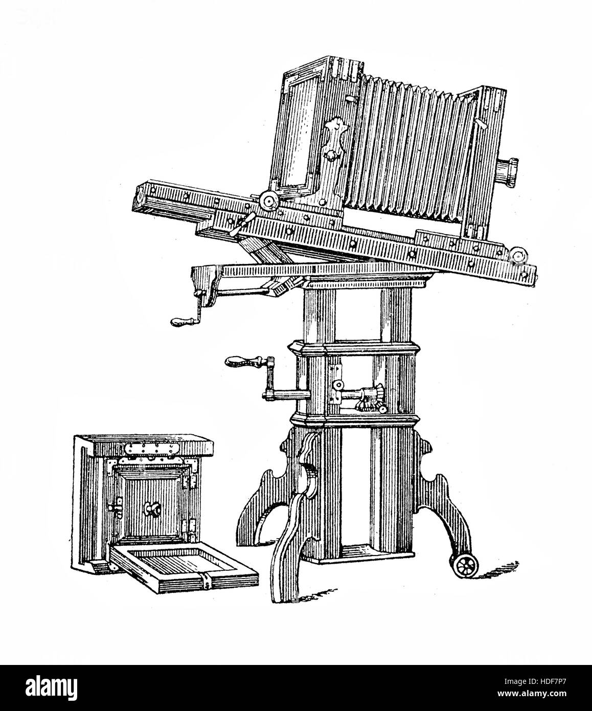 Faltenbalg Kamera und Atelier Ausrüstung, Jahrgang XIX Jahrhundert Gravur Stockfoto