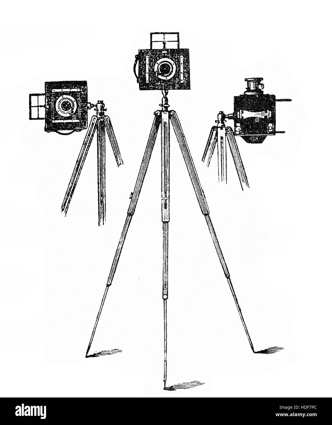 Stativ-Ausrüstung für Kameras, Jahrgang XIX Jahrhundert Gravur Stockfoto