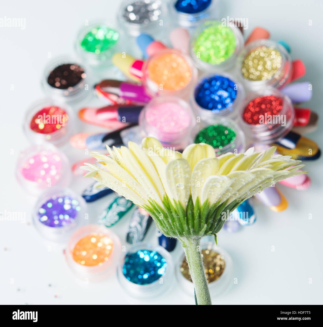 Nagel-Polituren und glitter mit Blume Stockfoto