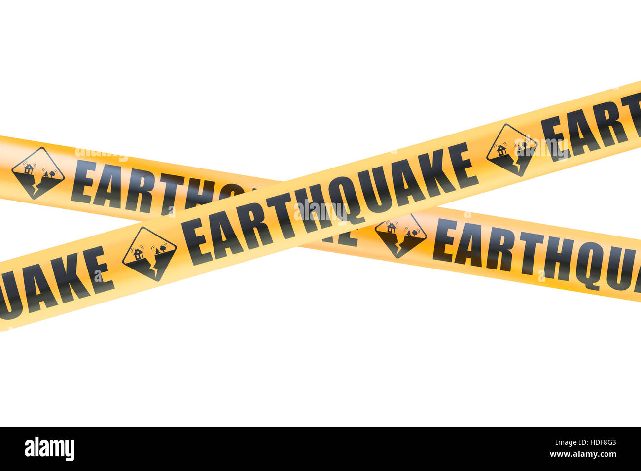Erdbeben Vorsicht Schranke Bänder, 3D-Rendering isolierten auf weißen Hintergrund Stockfoto