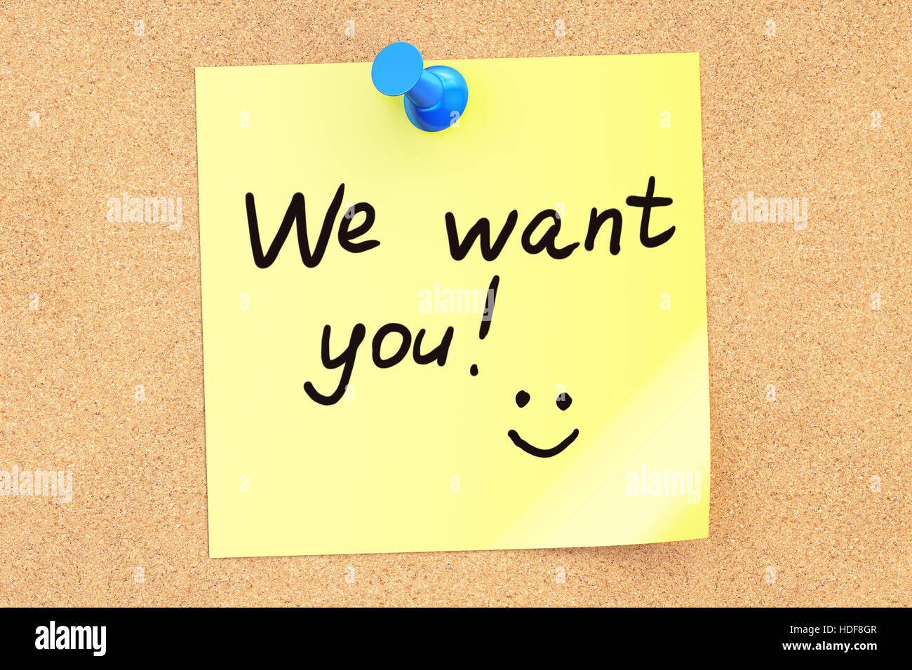 Wir wollen dich! Text auf einem Zettel an einer Pinnwand angeheftet. 3D-Rendering Stockfoto