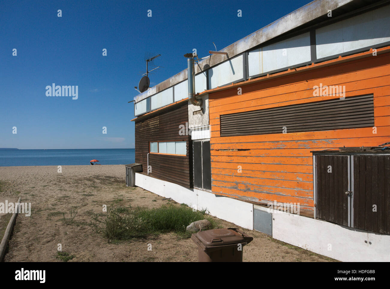 eine geschlossen bar-Restaurant am Strand von Torre Grande, in der Nähe von Cabras, Provinz Oristano, Sardinien, Italien Stockfoto