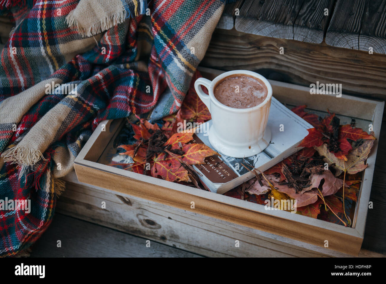 Winter-Szene mit heißer Schokolade Stockfoto