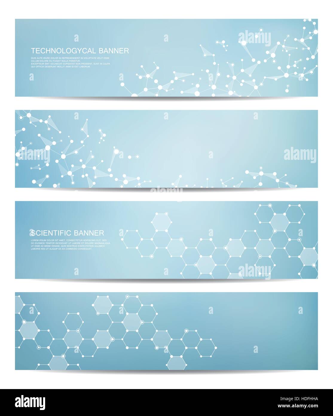 Satz von modernen wissenschaftlichen Banner. DNA-Molekül Struktur und Neuronen. Zusammenfassung Hintergrund. Medizin, Wissenschaft, Technik. Vektor-Illustration für Ihr Design. Stock Vektor