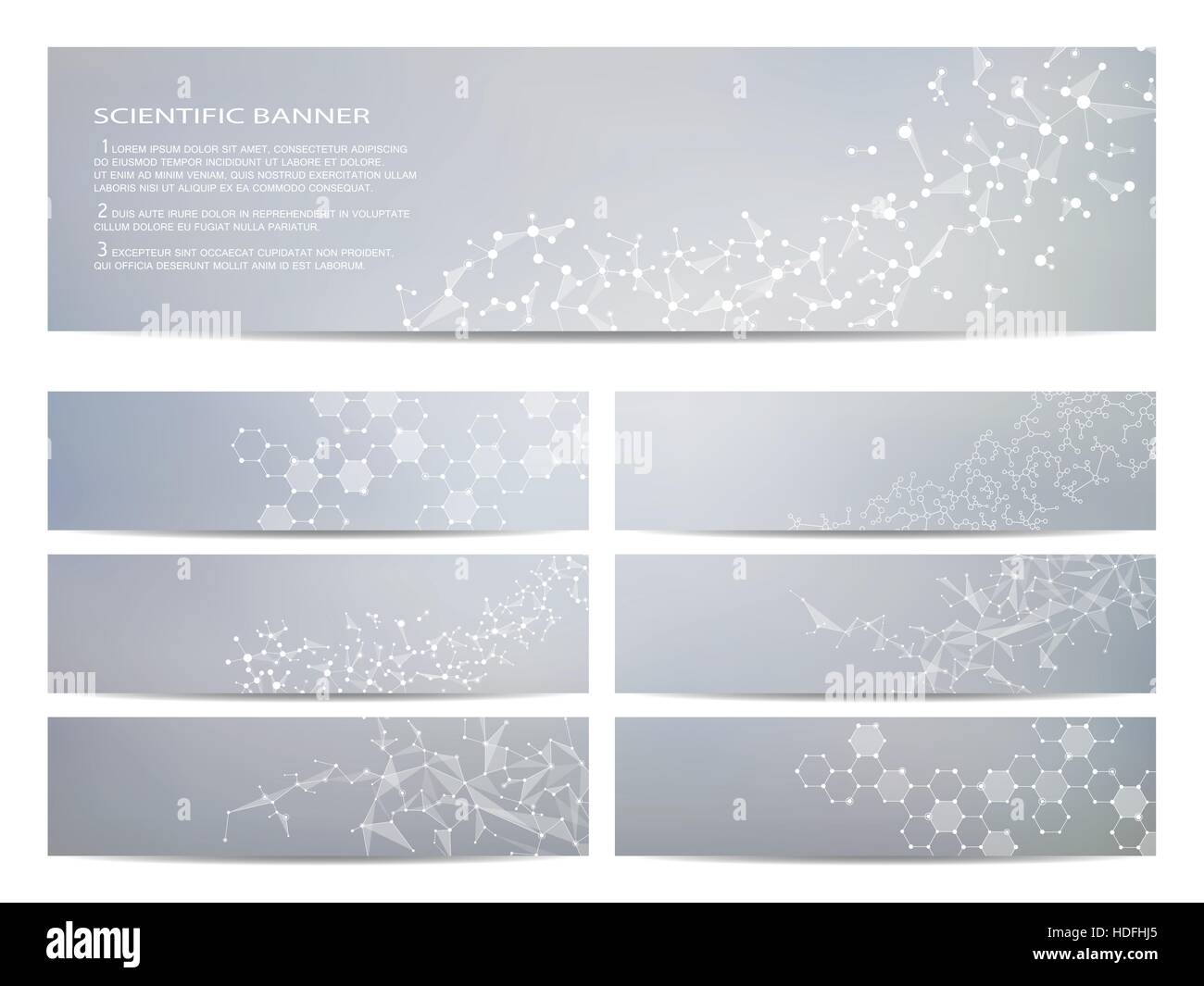 Satz von modernen wissenschaftlichen Banner. DNA-Molekül Struktur und Neuronen. Zusammenfassung Hintergrund. Medizin, Wissenschaft, Technik. Vektor-Illustration für Ihre Stock Vektor